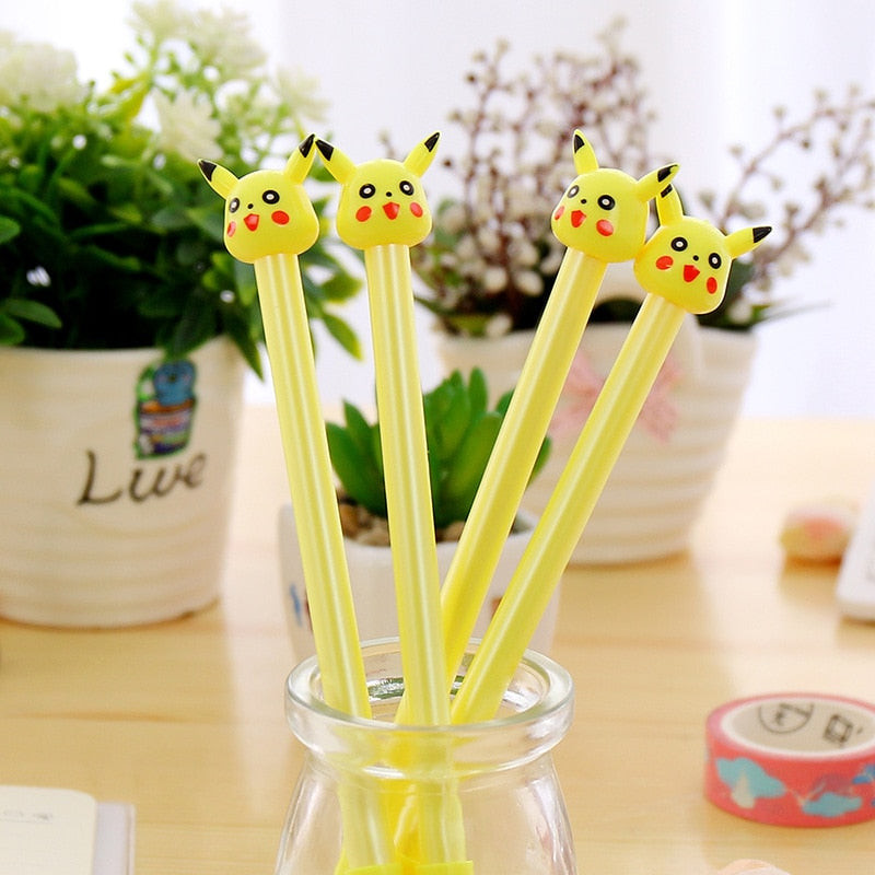 Yellow Pikachu-head gel pens standing in a clear cup, black ink tips