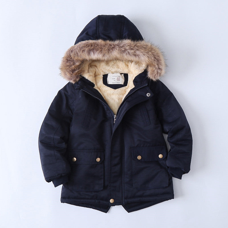 Boys insulated winter jacket with faux fur hood, dark navy, zip front and chest zip