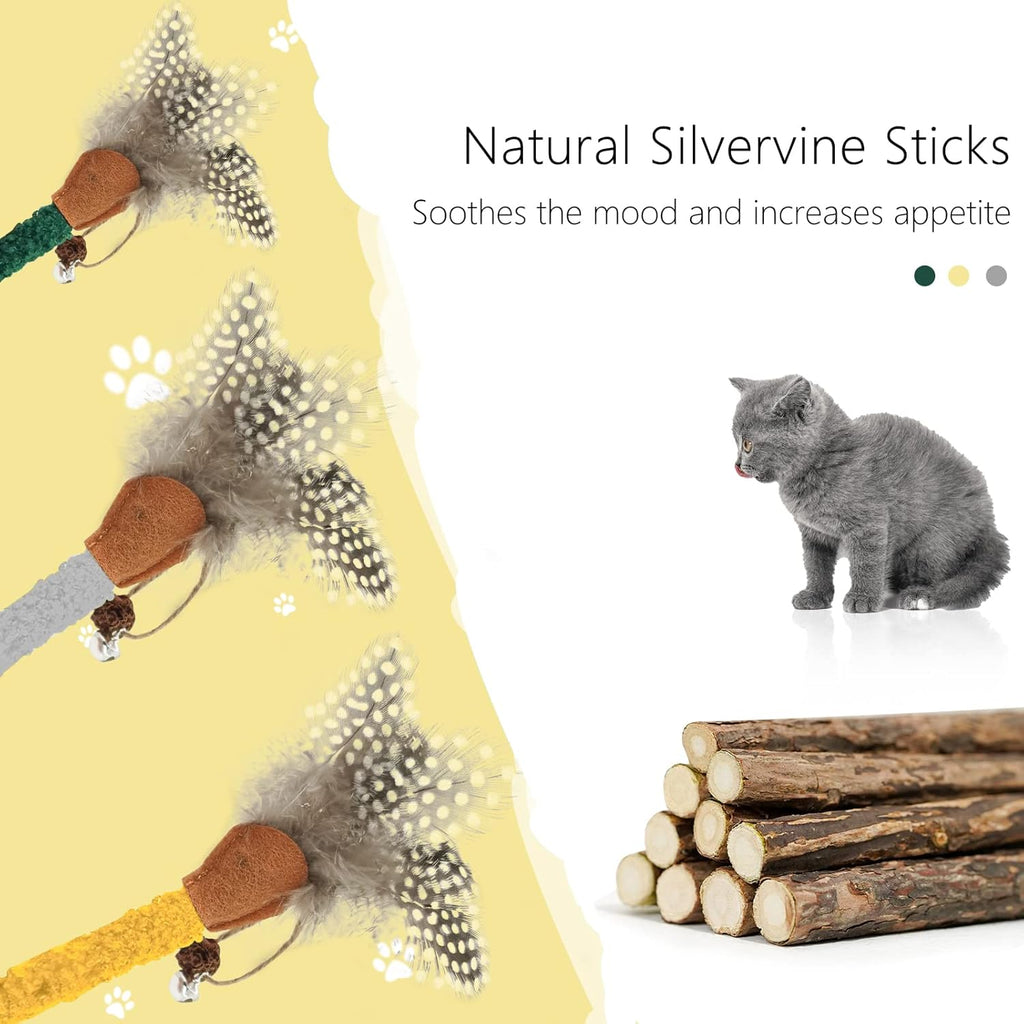 Cat chew stick toy assortment with gray feather sprigs and green, yellow, and gray wands
