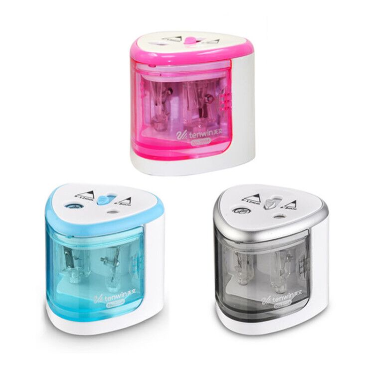 Two-hole electric pencil sharpener, blue and white with transparent cutting chamber