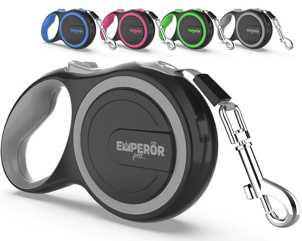 Gray retractable dog leash with black housing, gray trim, tape, and metal clip