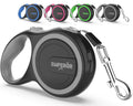 Gray retractable dog leash with black housing, gray trim, tape, and metal clip