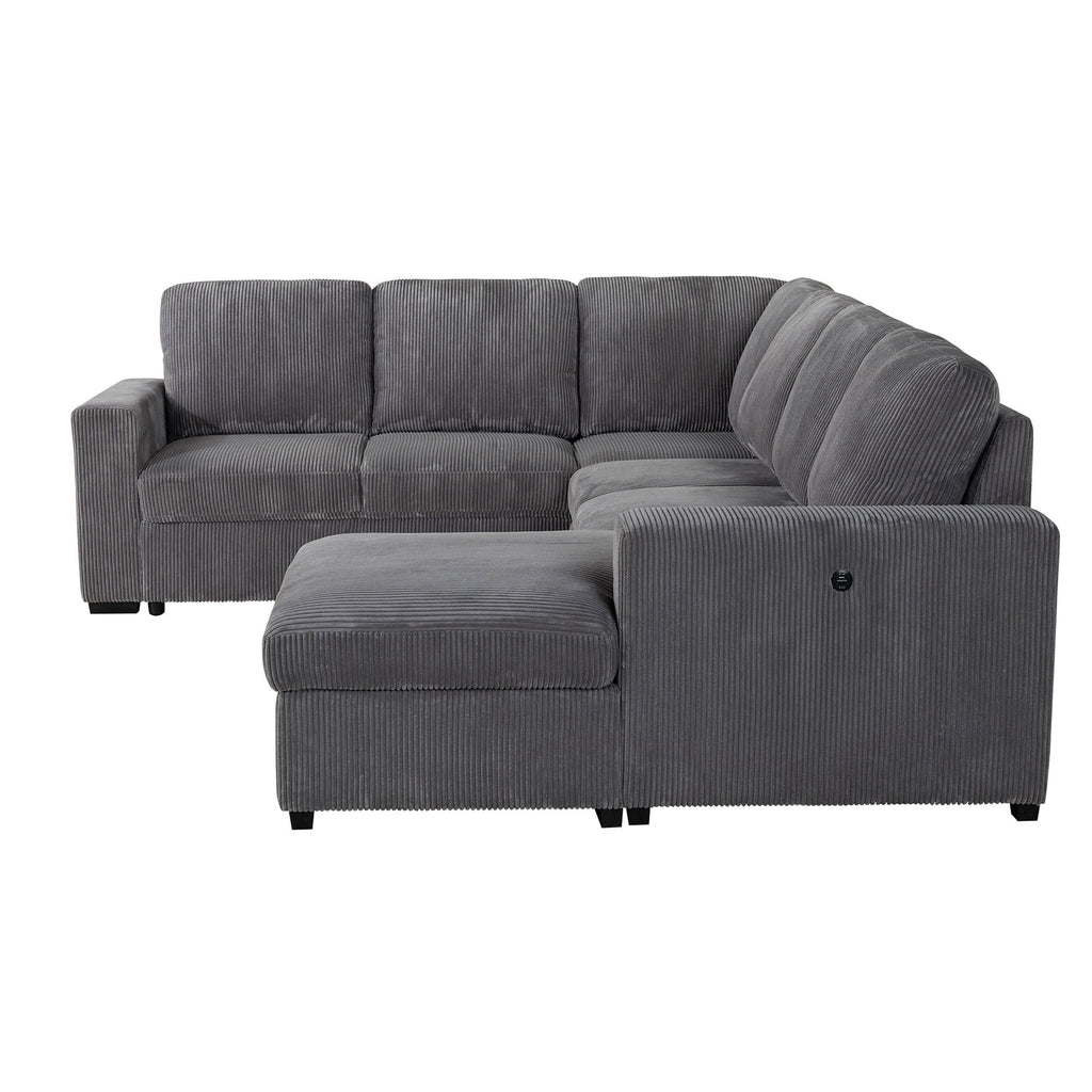 Dark gray sectional sofa with chaise and rounded, cushioned end arm