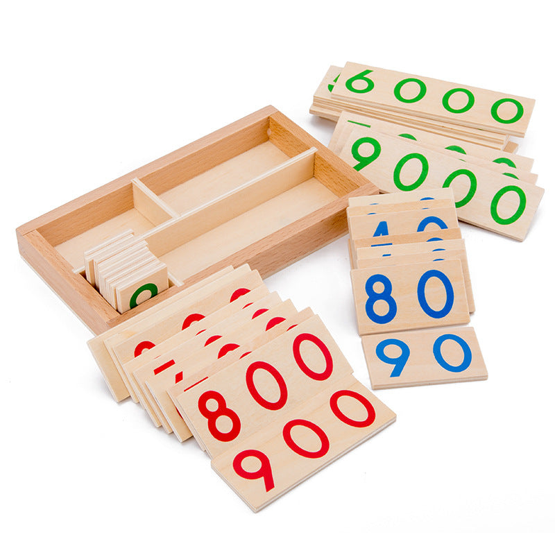 Wooden number card tray with loose tiles in red, green, and blue (0–9)