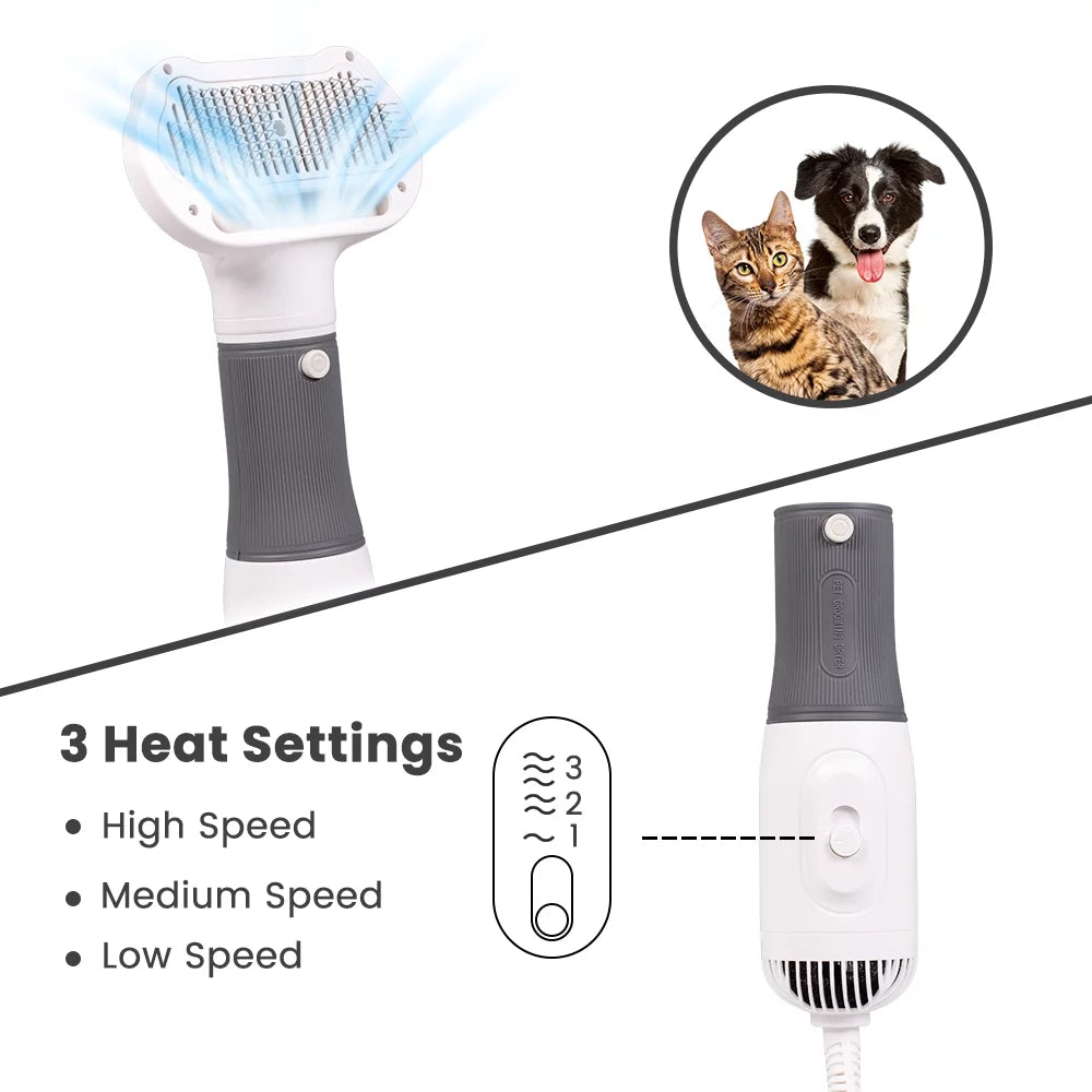 Pet grooming dryer brush with three heat settings and power button