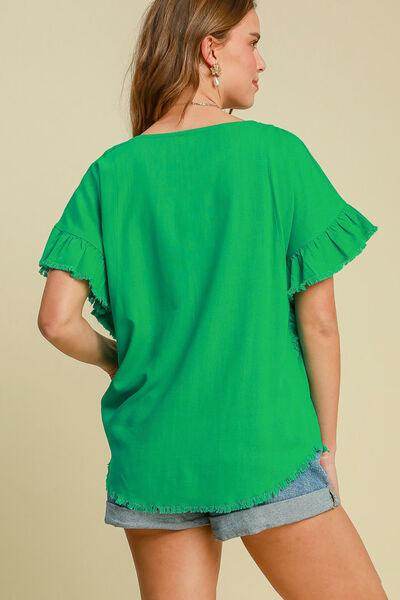 Green plus size blouse back view with ruffle sleeves and raw hem