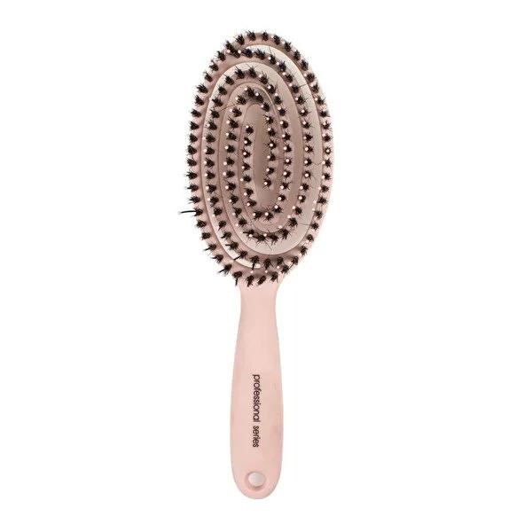Oval ionic hair brush with dark bristle pins and light pink handle