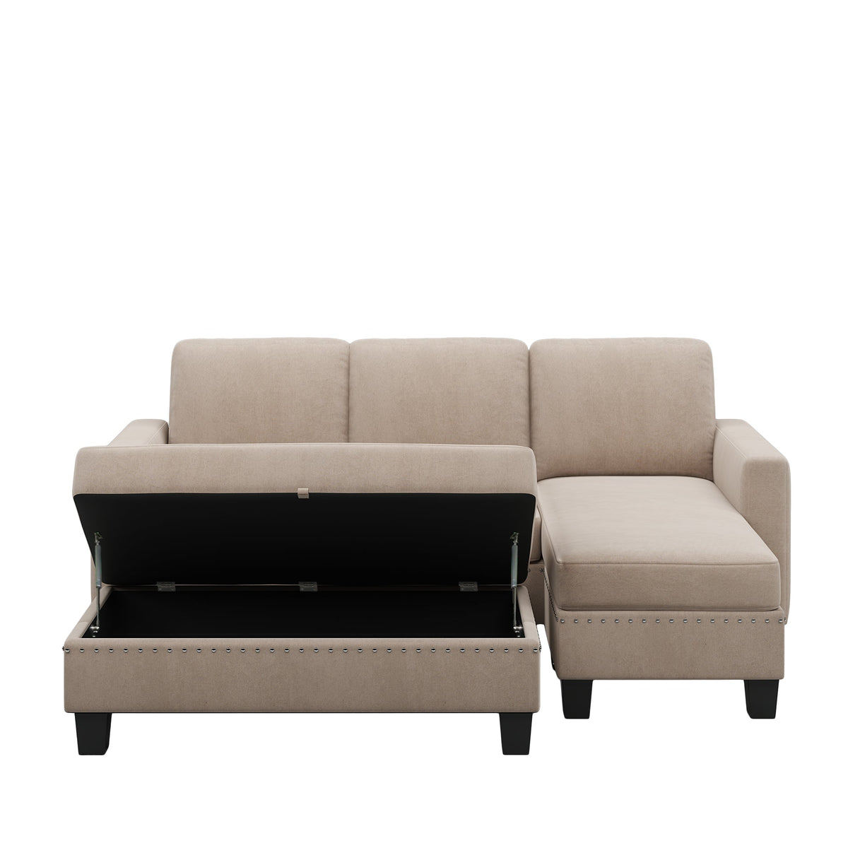Warm grey sectional sofa with storage chaise, open base, and two-tone seat cushions