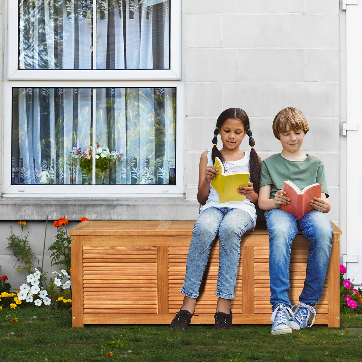Wood storage bench with slatted doors, used by two kids reading outside