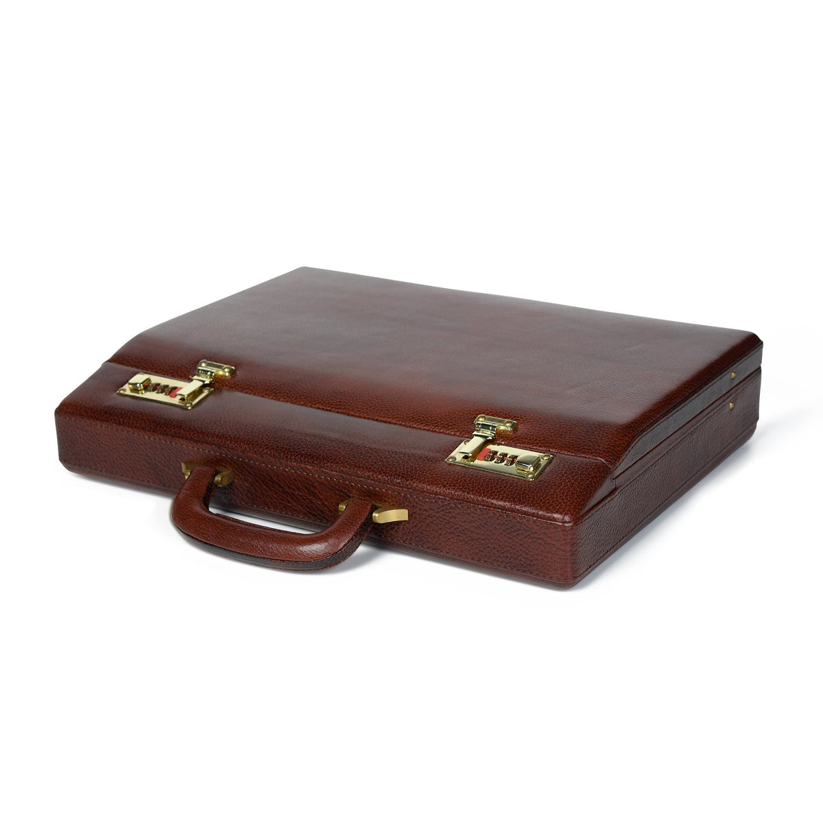Rich brown leather office suitcase top view with brass corner locks and handle
