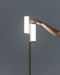 Brass floor lamp with two frosted glass cylinders and slim vertical pole
