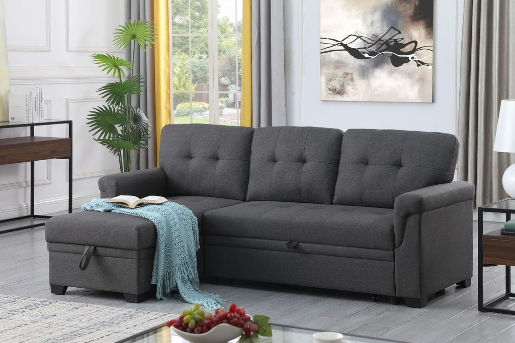 Dark gray sleeper sectional sofa with tufted backrest and storage chaise