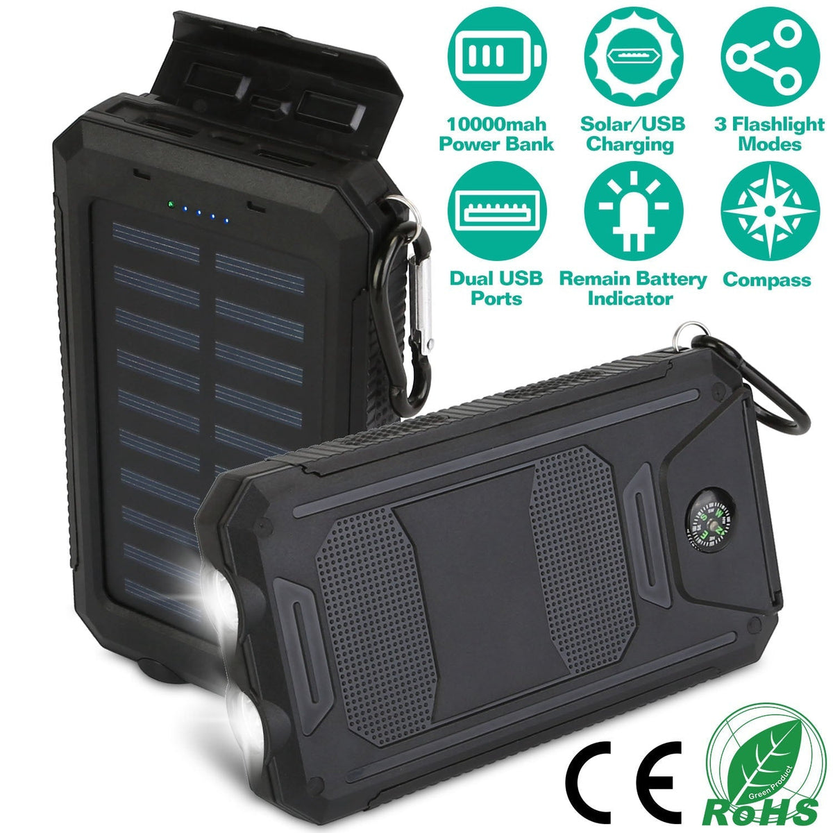 Black solar power bank with front grille area and side compass dial