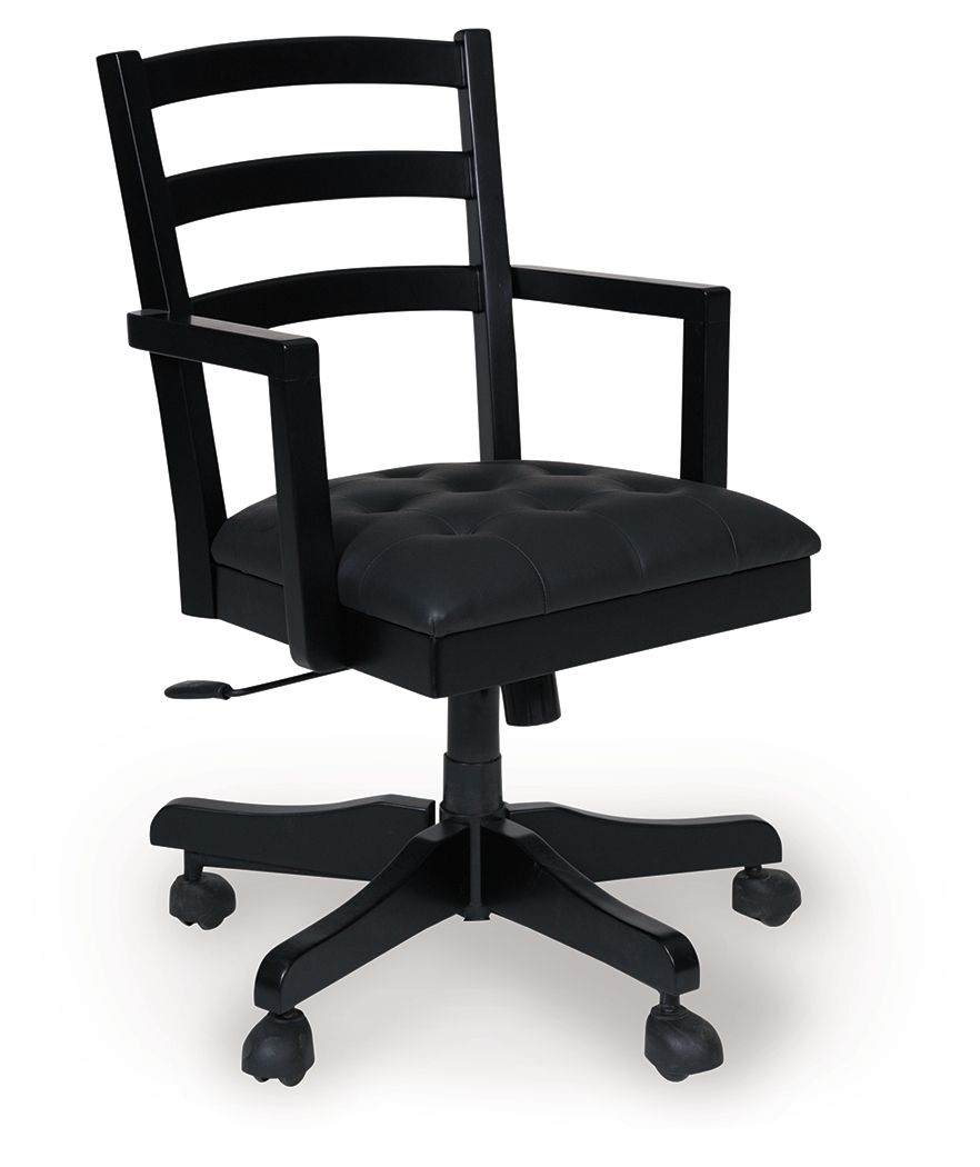 Home office swivel desk chair with dark cushion, black wooden arms, and rolling base.