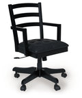 Home office swivel desk chair with dark cushion, black wooden arms, and rolling base.