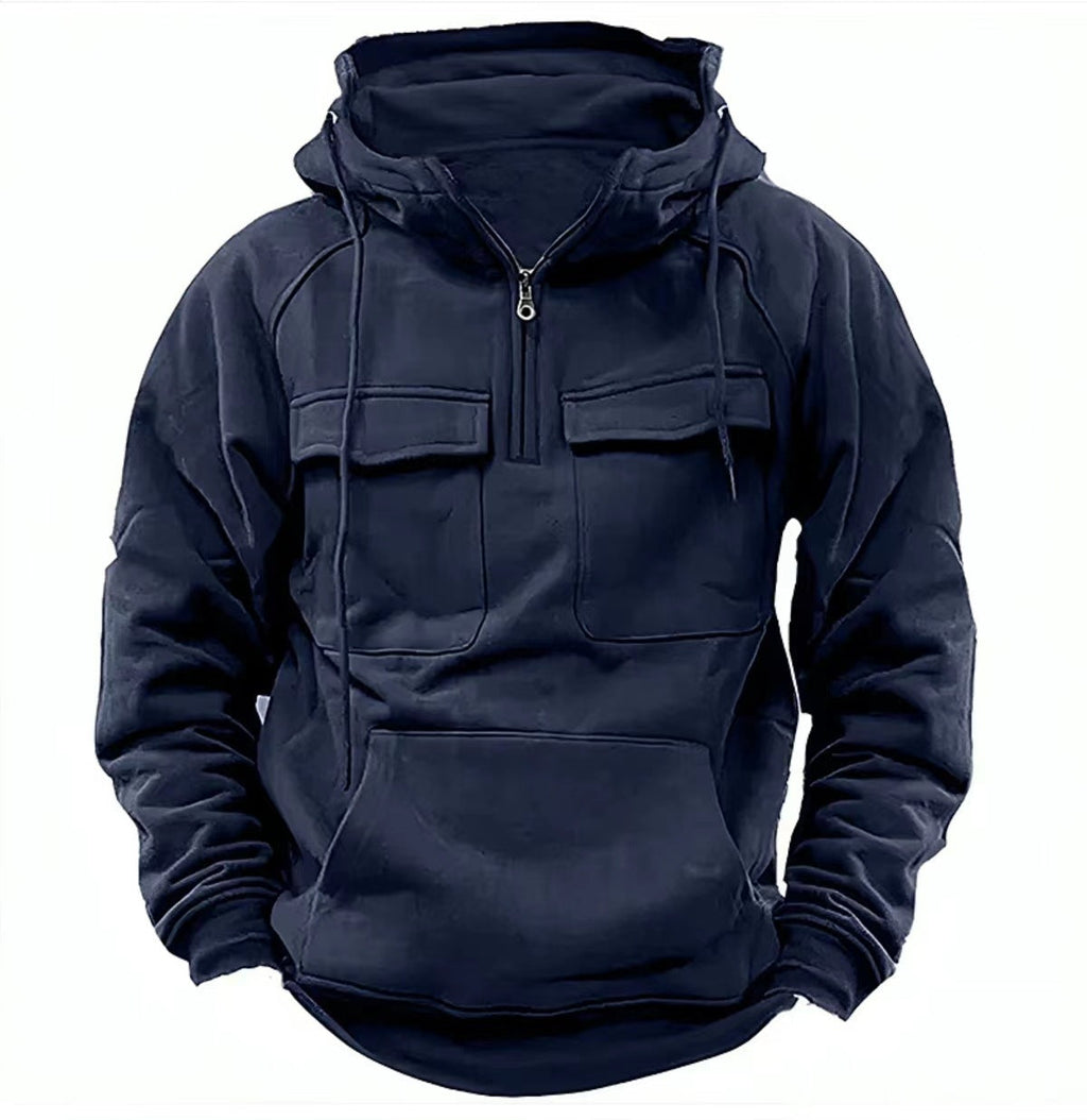 Men’s zip-up hoodie with drawstring hood, navy color, front pocket and chest flap pockets