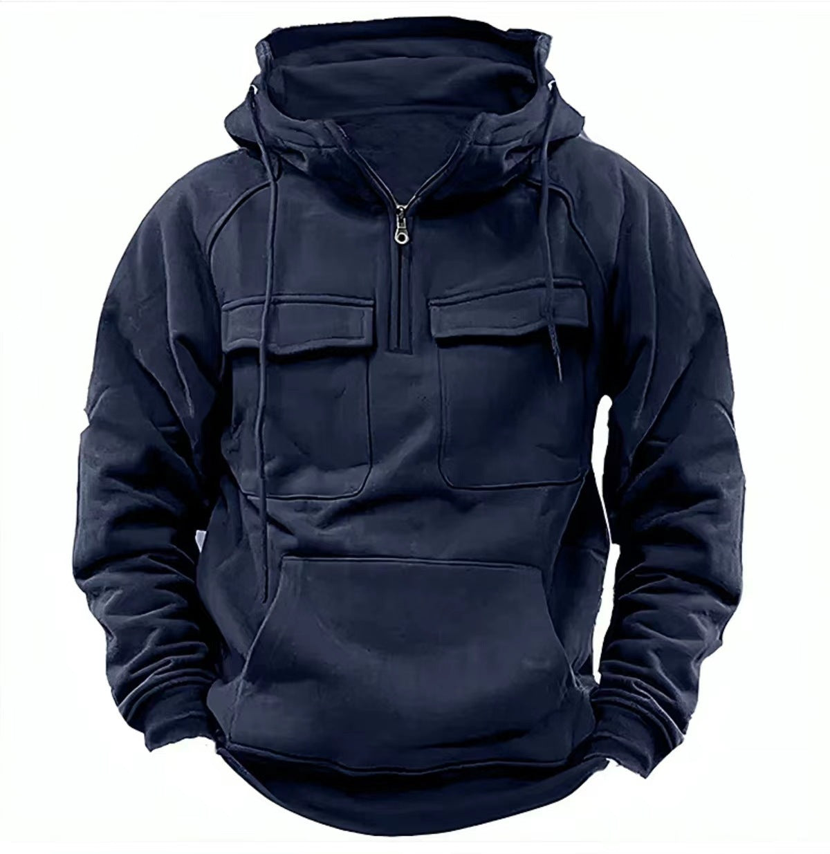 Men’s zip-up hoodie with drawstring hood, navy color, front pocket and chest flap pockets