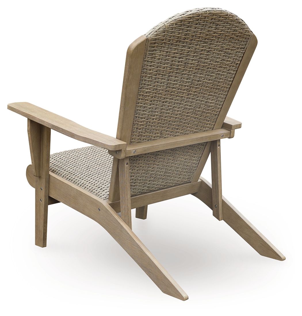 Beige woven Adirondack chair with long leg rest and side arm supports