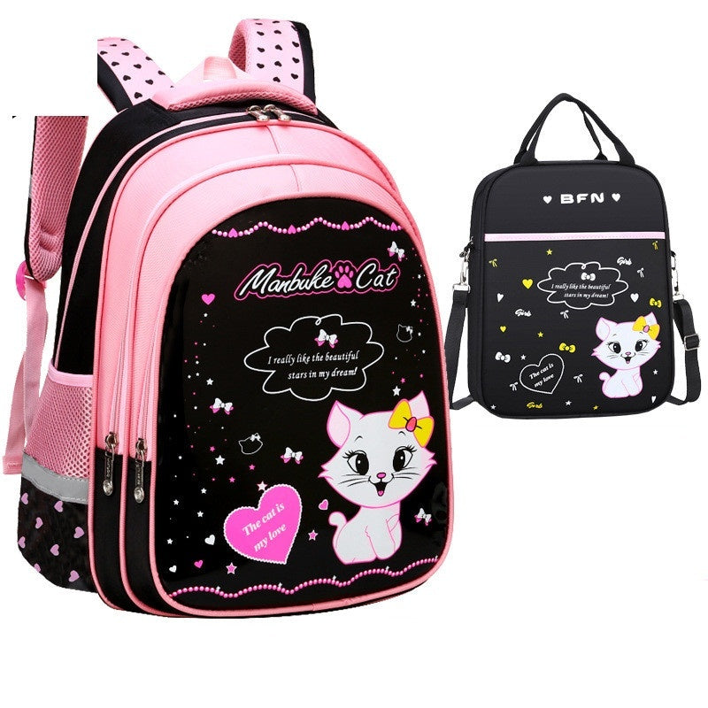 Pink kids cat print backpack with front graphic and adjustable shoulder straps