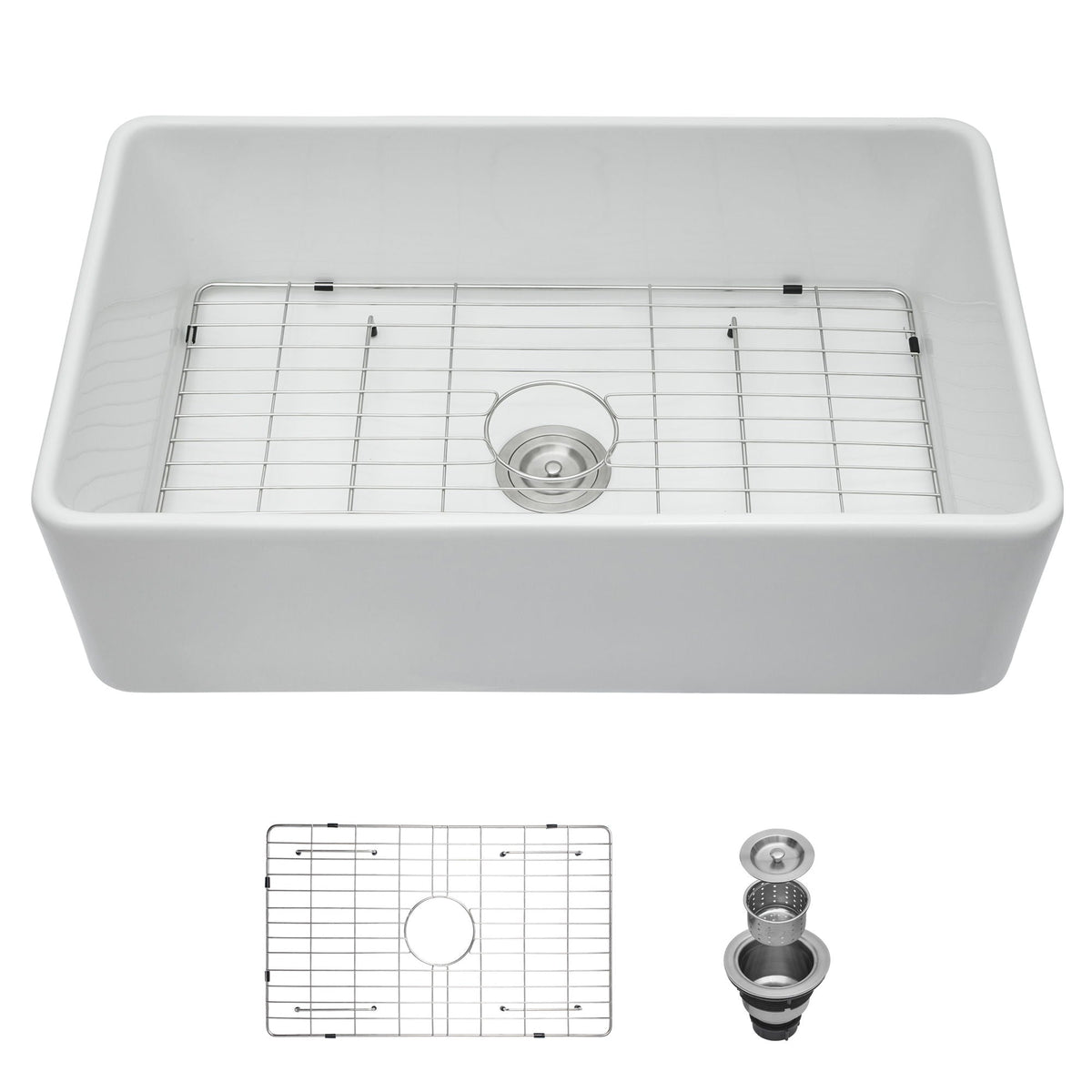 White ceramic single-bowl kitchen sink with wire drying rack and drain strainer