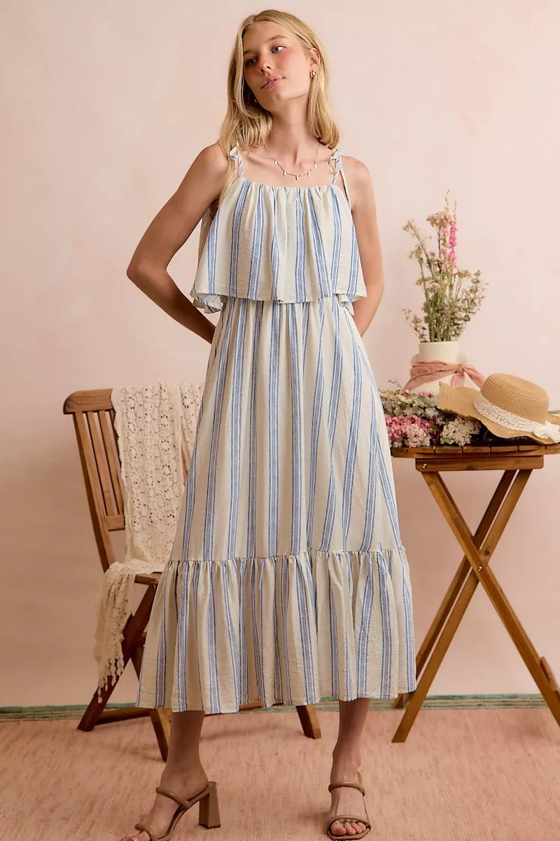 Lined midi tiered dress with blue-and-white vertical stripes and shoulder ties