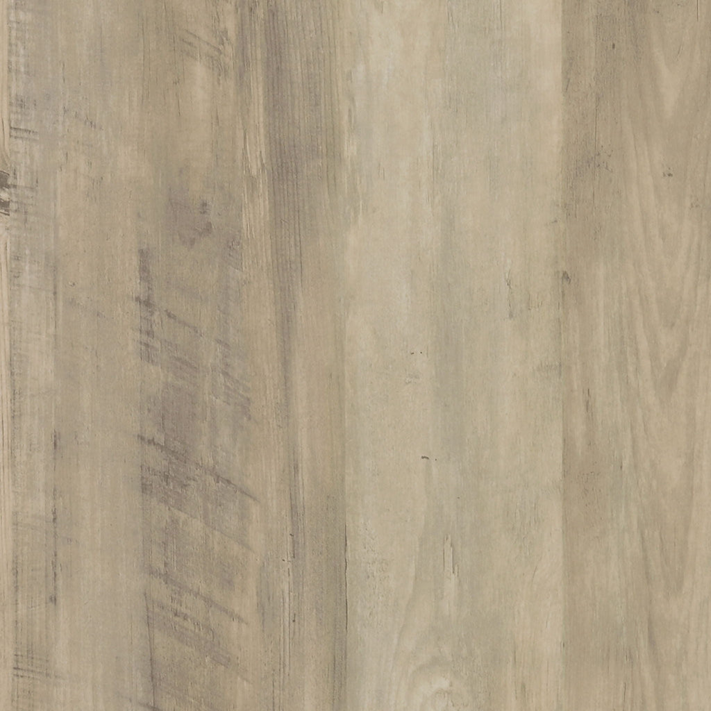 Close-up of distressed pine wood grain on engineered wood coffee table top