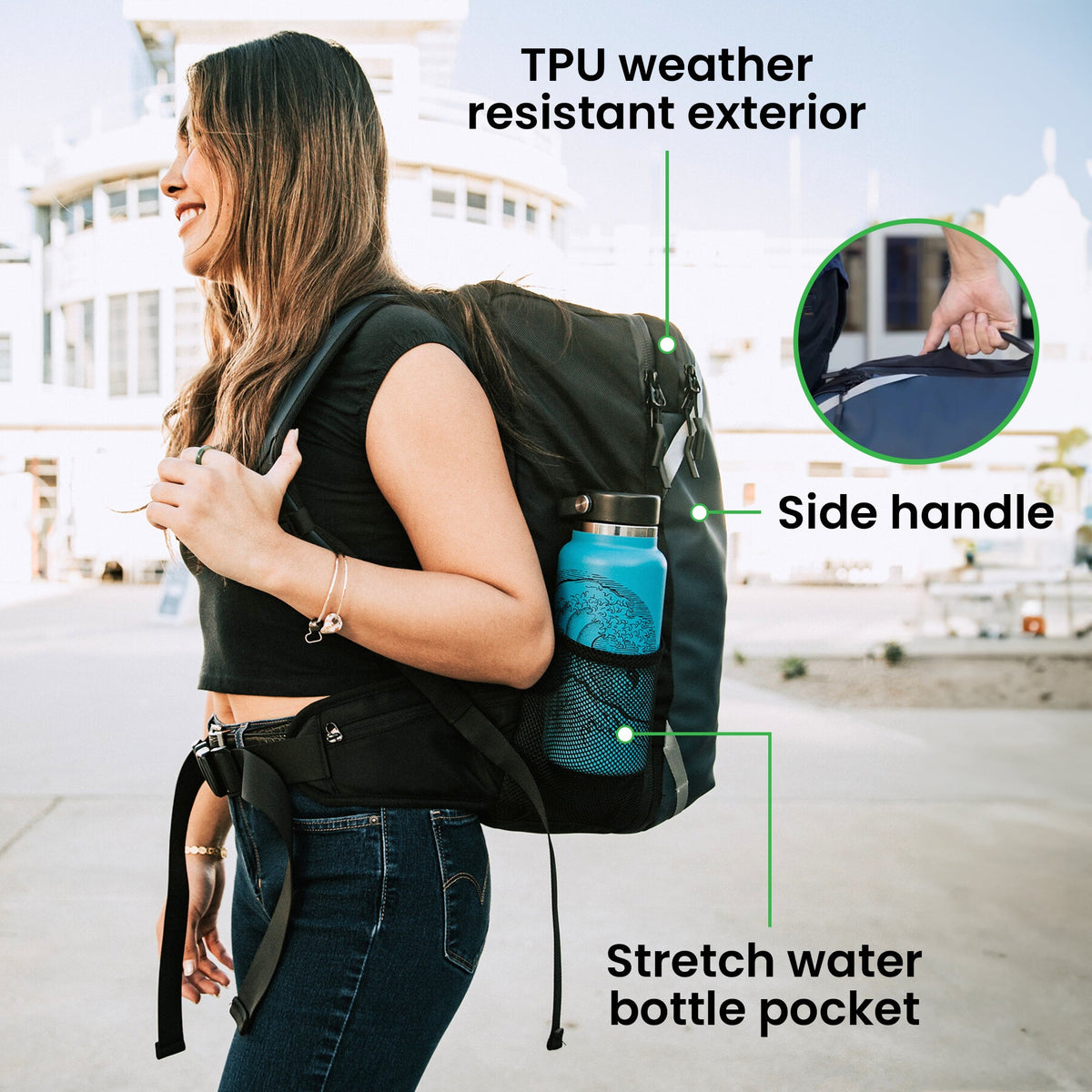 Black carry-on travel backpack with side stretch bottle pocket, worn by woman