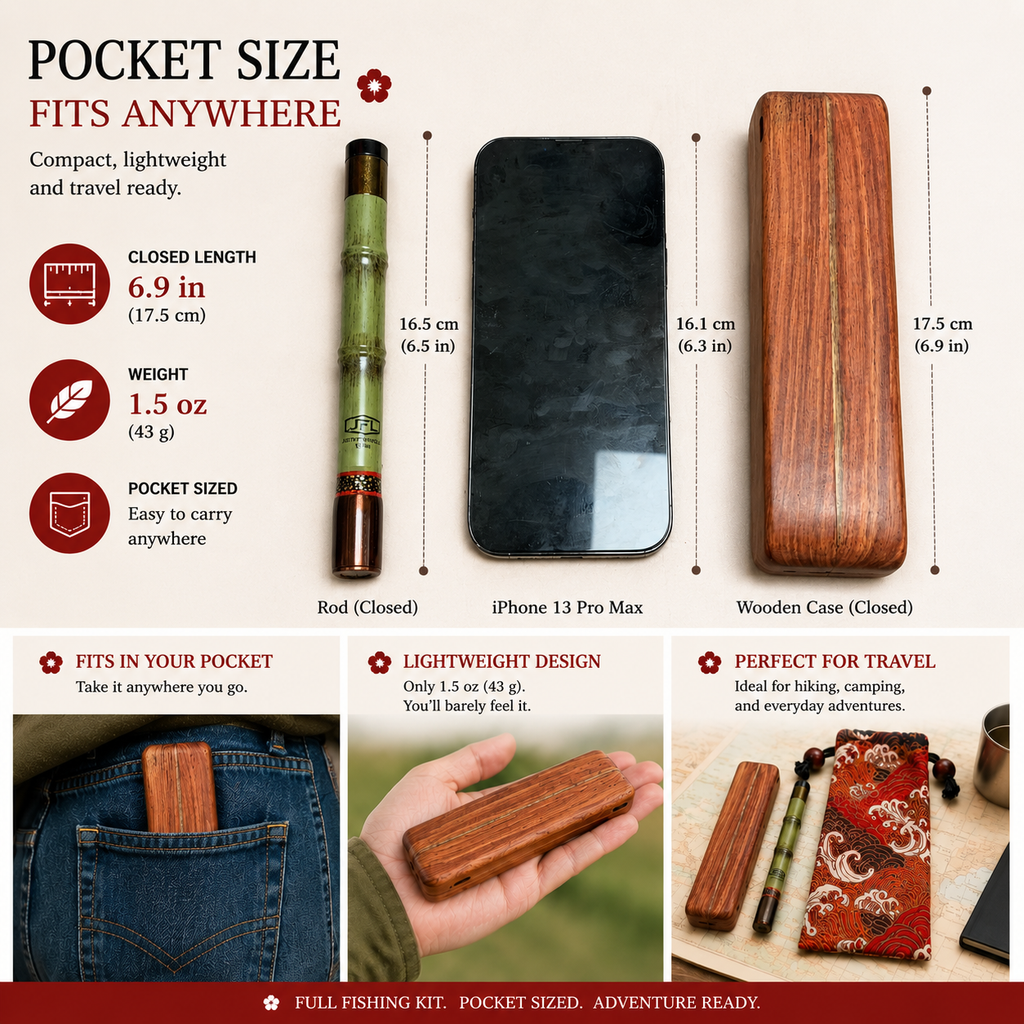 Pocket travel fishing kit with green rod, tan wooden case, and phone-sized layout guide