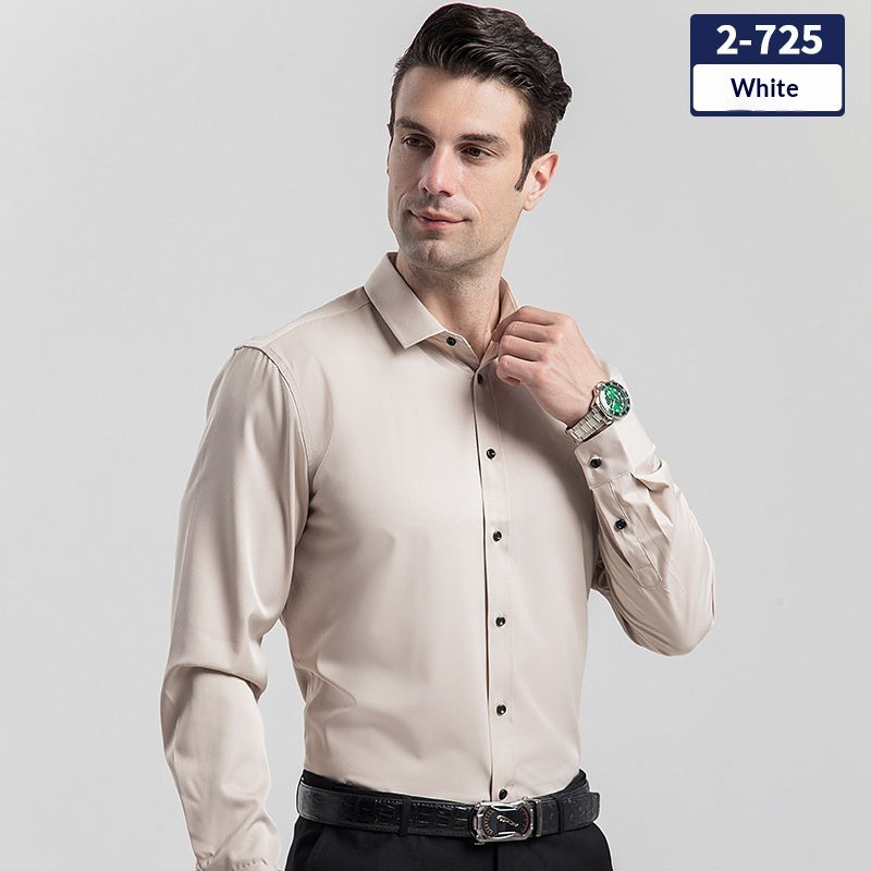 Men's solid white long-sleeve button-up shirt, collared with front button placket