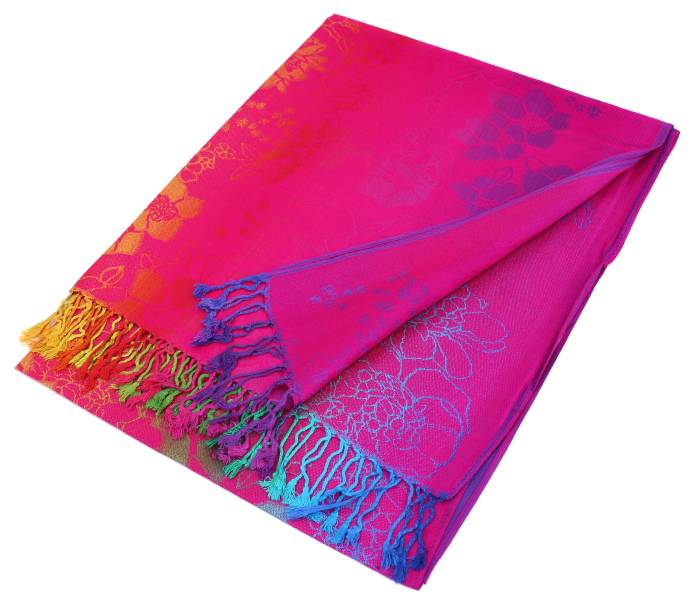 Colorful floral pashmina scarf with fringe ends, hot pink and blue floral design