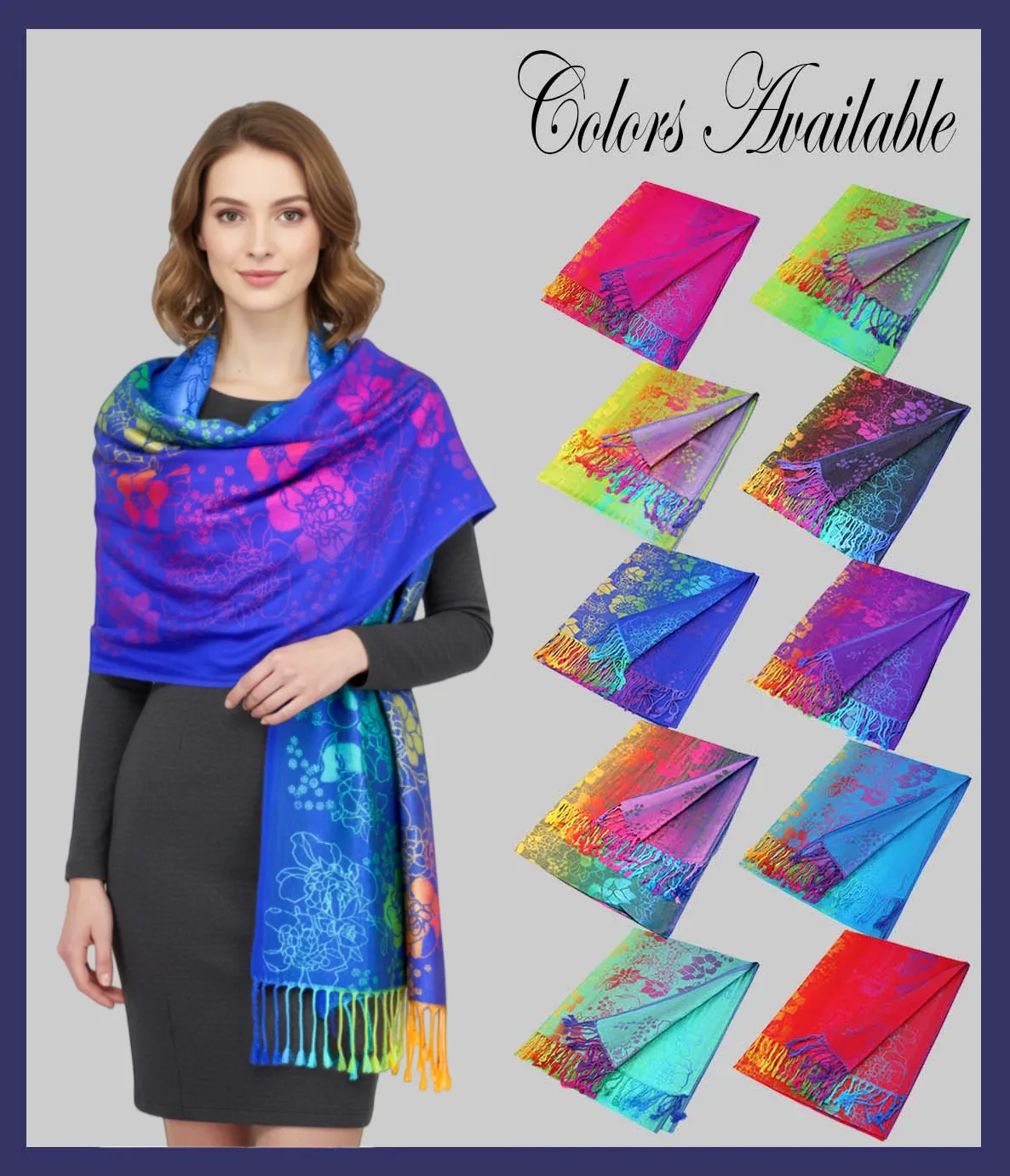 Colorful floral pashmina scarf with fringe ends, blue base with hot pink accents