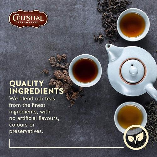 Sleepytime herbal tea cups with kettle and loose herbs, Celestial Seasonings