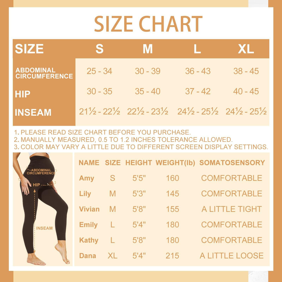 Size chart for fleece-lined leggings with abdominal, hip, and inseam measurements