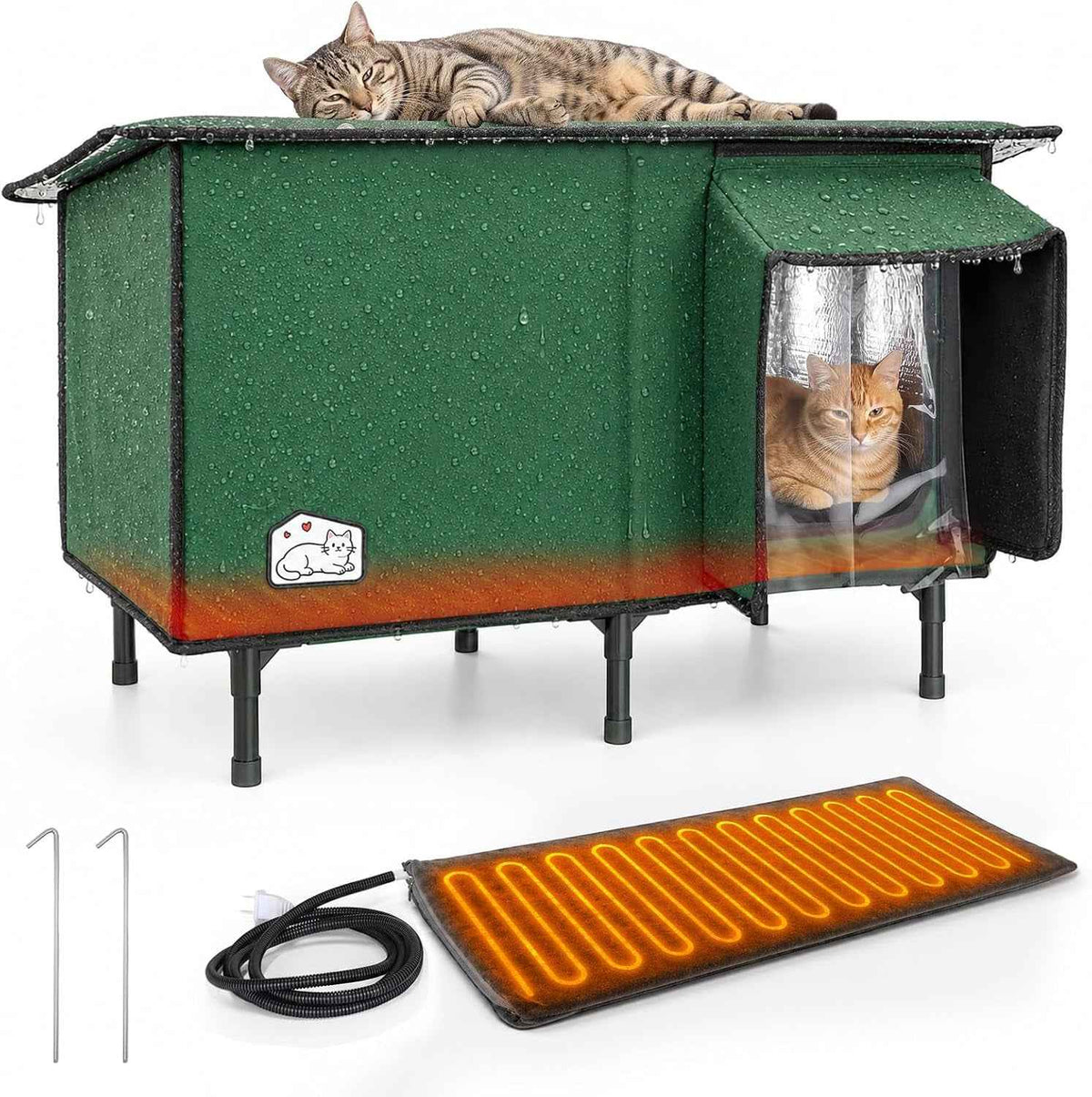 Green heated cat house with covered doorway, clear flap, raised legs, heating pad, and cord