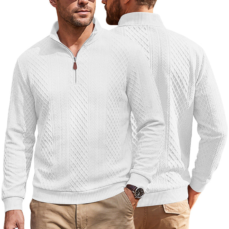 White textured diamond jacquard half-zip long-sleeve pullover, shown from back and side