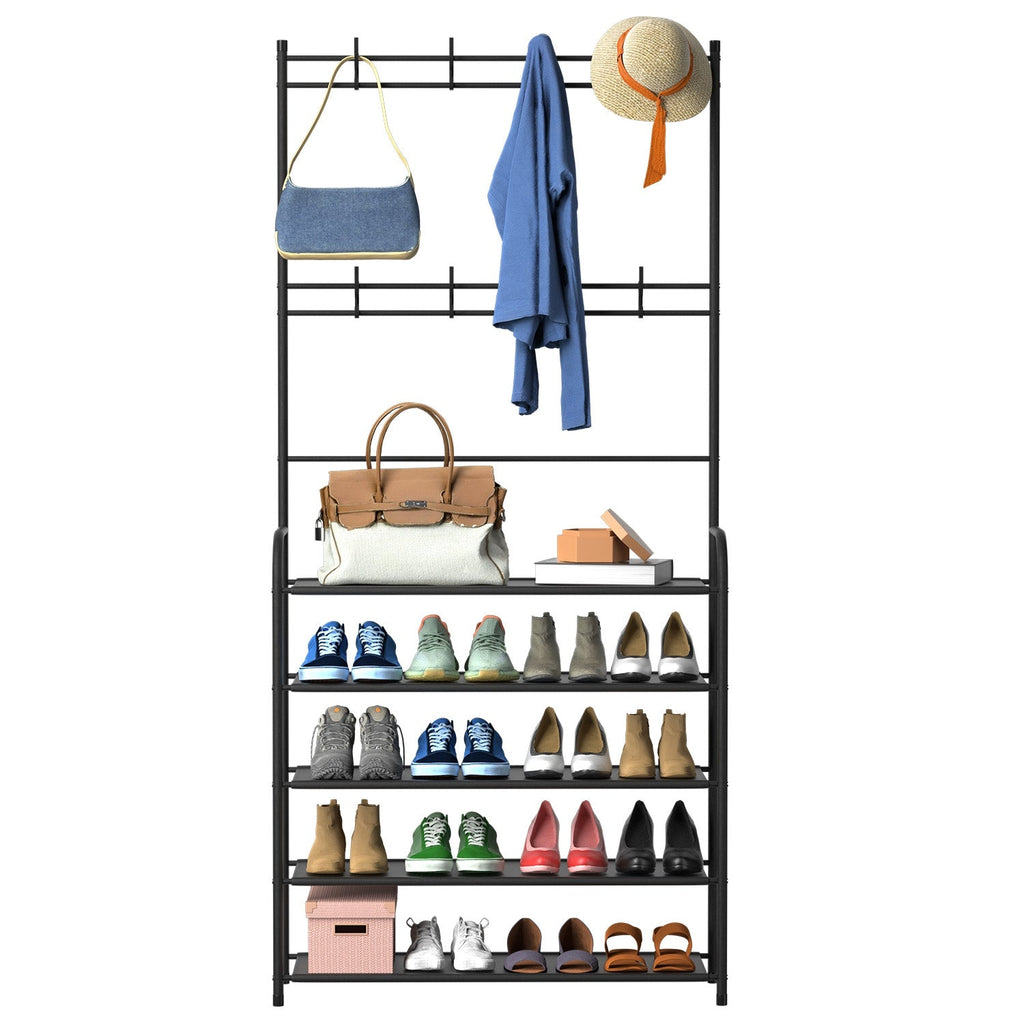 Black metal hall tree with five shoe shelves and double rows of hooks