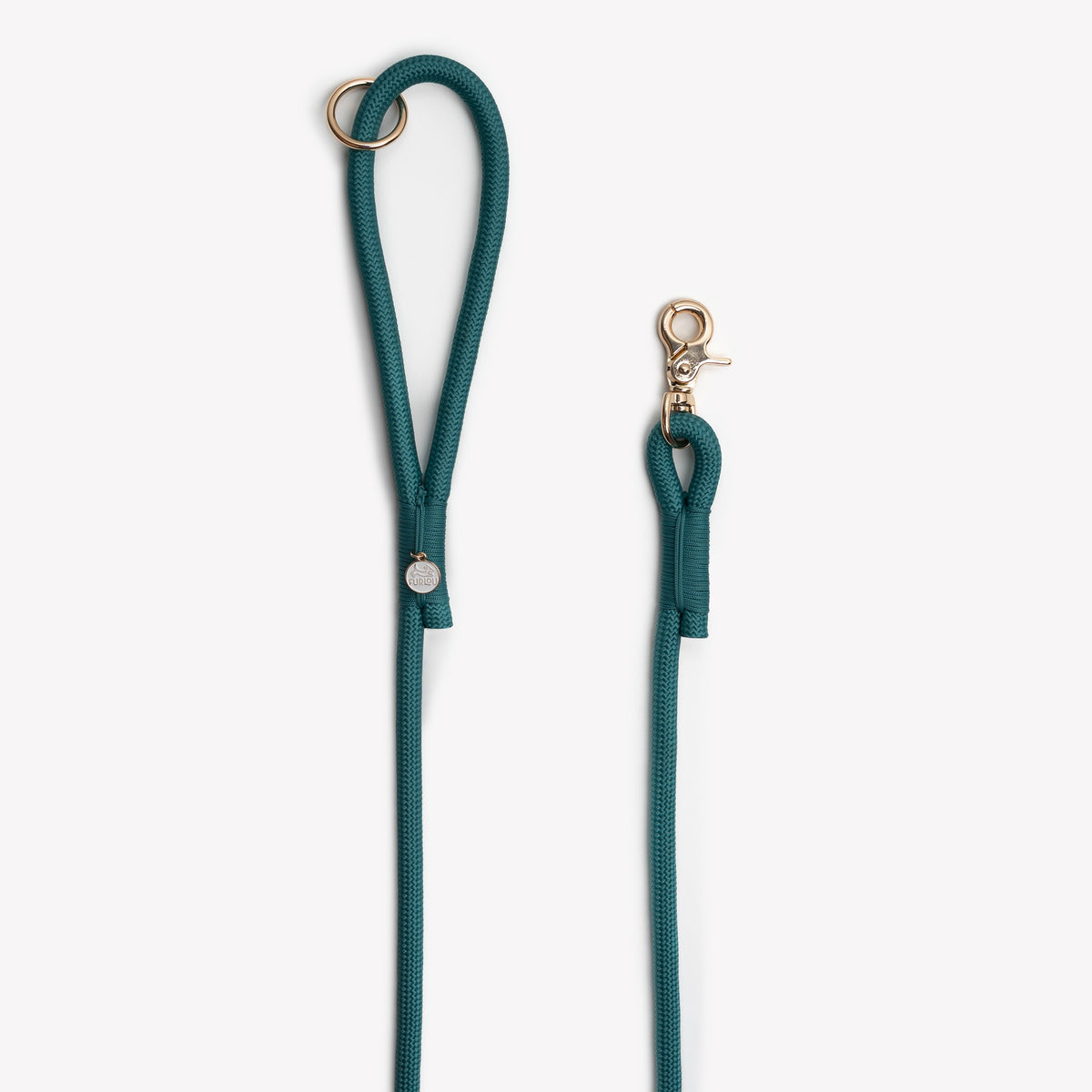 Teal braided rope dog leash with clasp hardware and small round tag