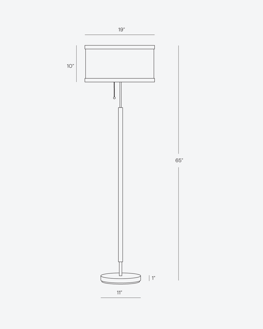 Carter floor lamp dimensions diagram with beige shade and tall pole, round base