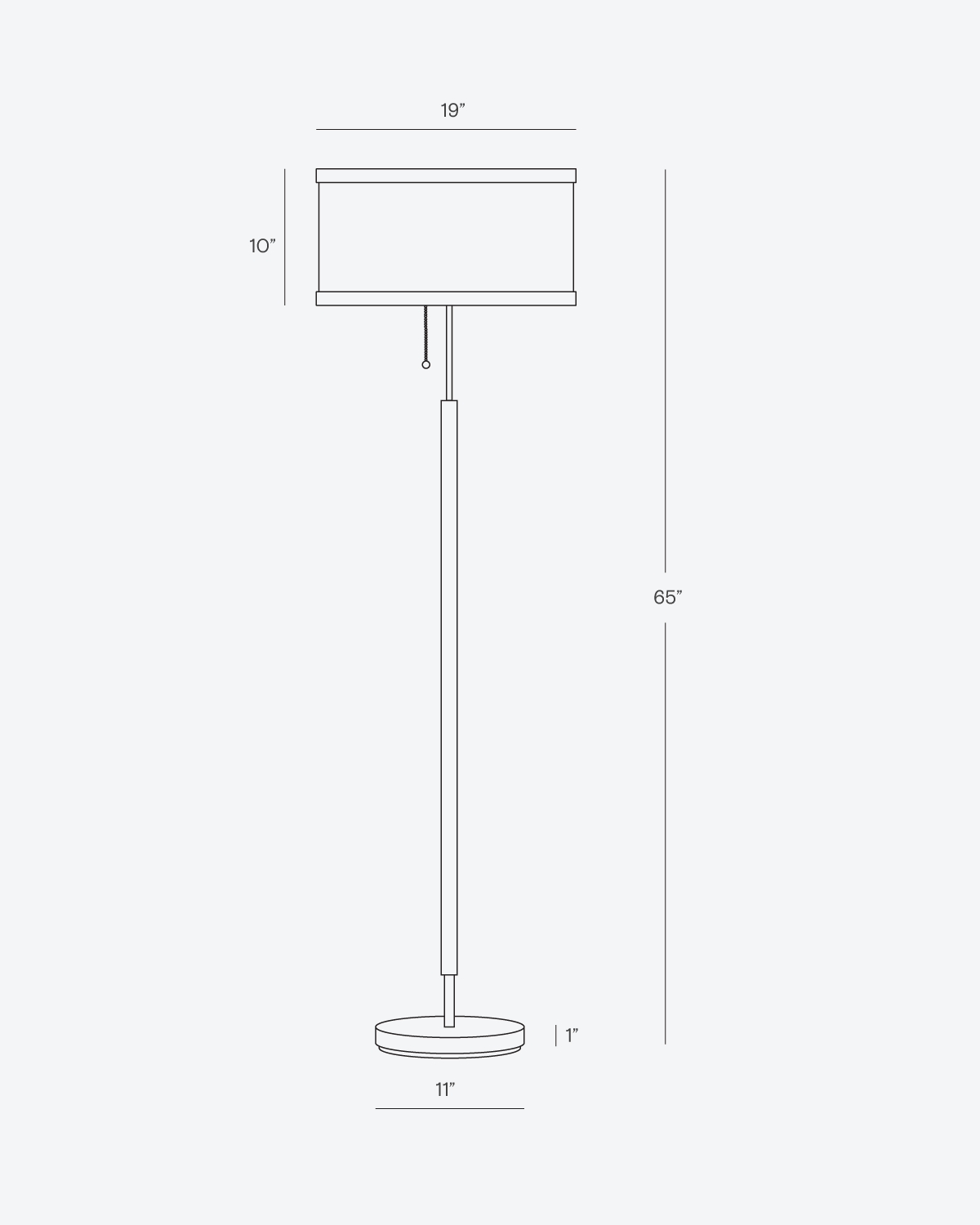 Carter floor lamp dimensions diagram with beige shade and tall pole, round base