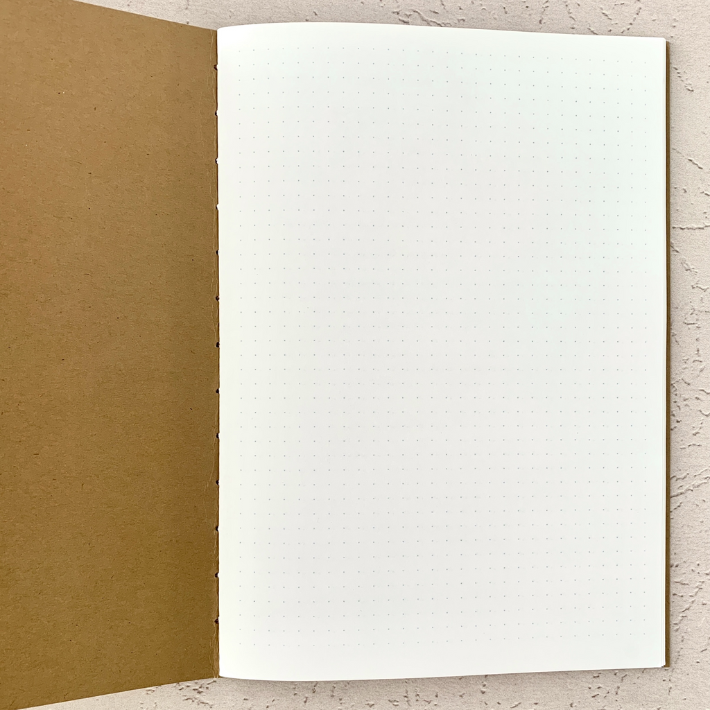 A5 dot grid notebook insert open with kraft cover and full-page dot pattern