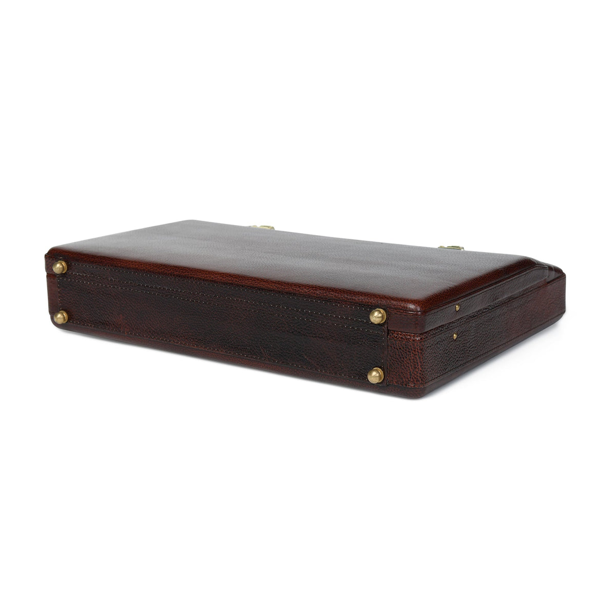 Rich brown leather office suitcase bottom view with brass rivets and metal corner caps