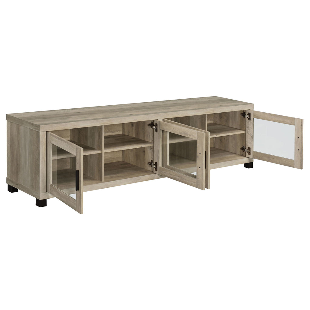 Distressed pine TV stand with two side cabinets open to reveal shelves and hardware