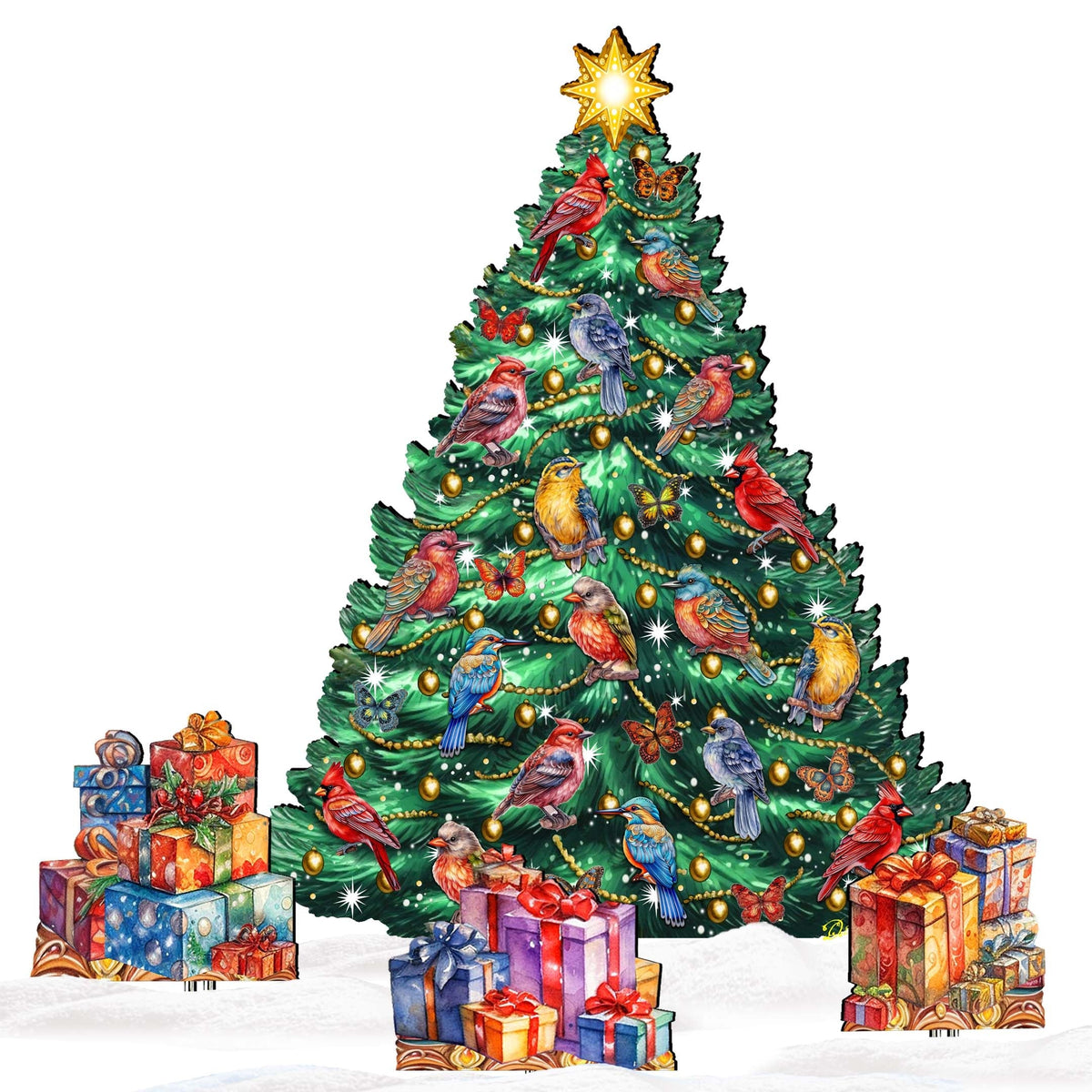 Bird-themed Christmas tree decoration with gold star topper and wrapped gift accents