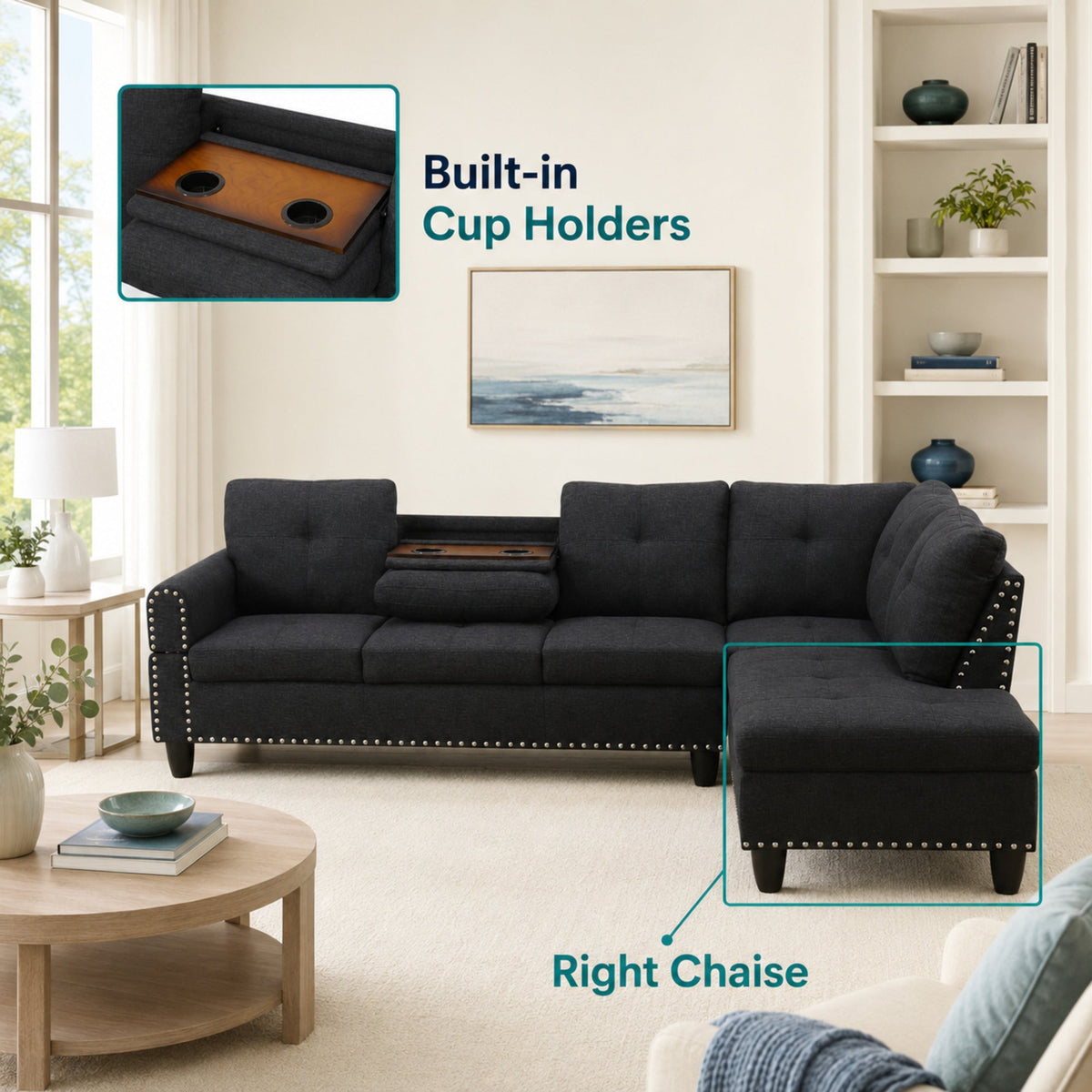 Dark gray sectional sofa with built-in cup holders in the chaise armrest; right chaise