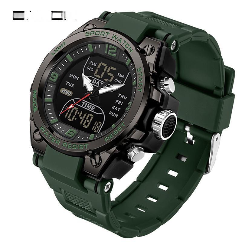 Waterproof dual-display sport watch, army green silicone strap with black dial and silver case