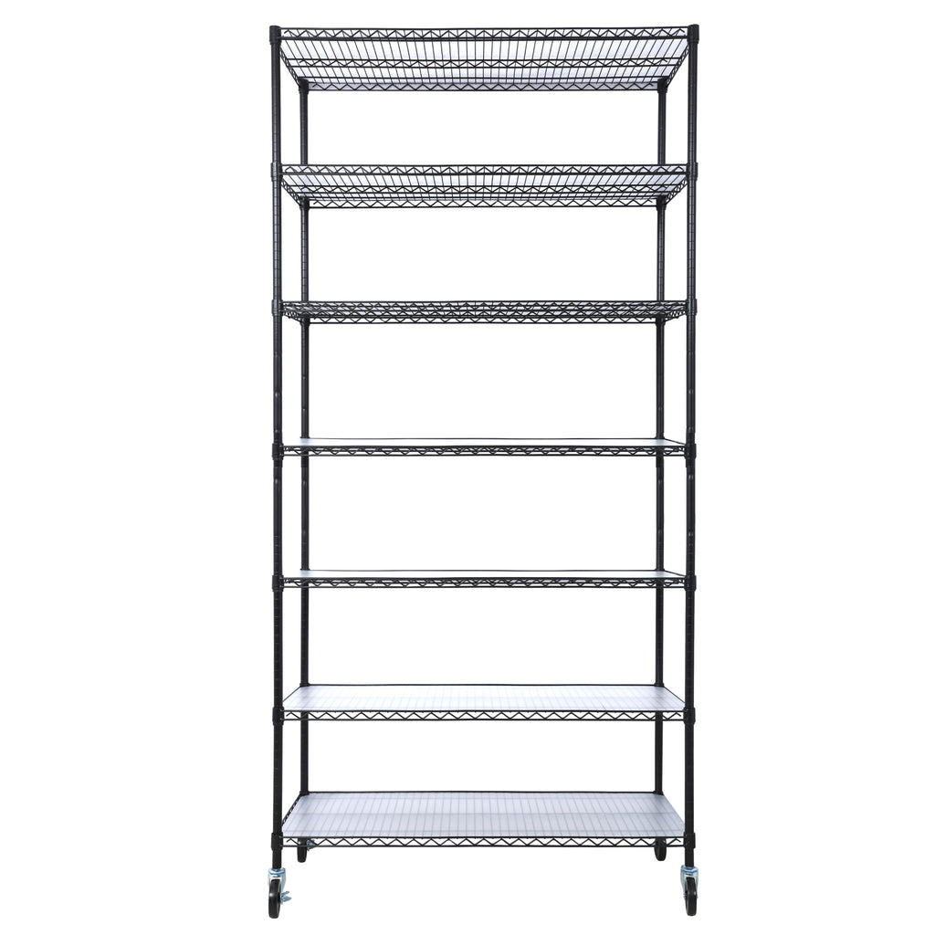 7-tier wire shelving unit with 4 casters, black metal rack and mesh shelves