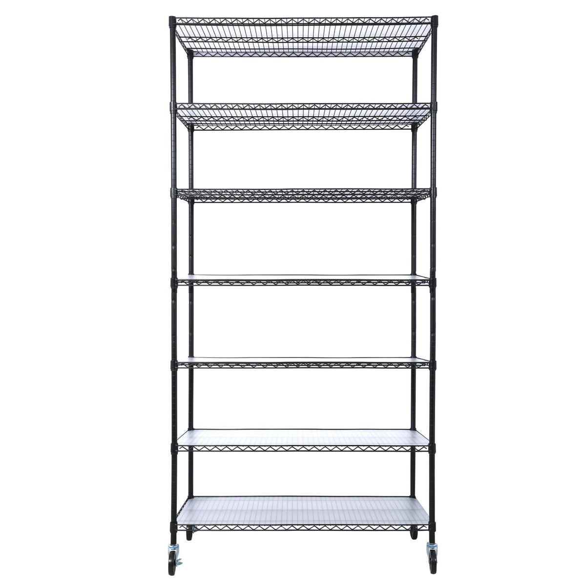 7-tier wire shelving unit with 4 casters, black metal rack and mesh shelves