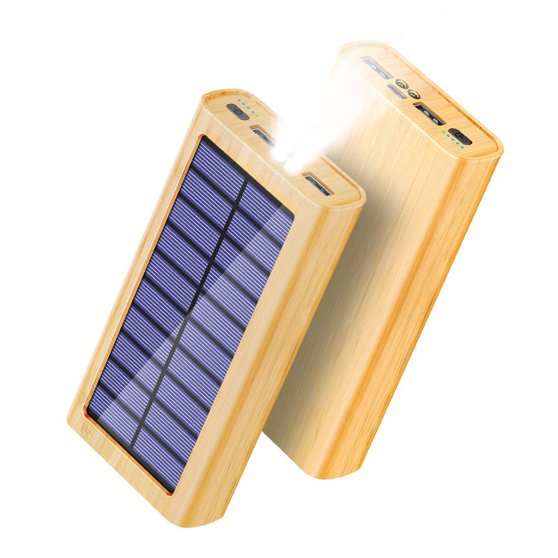 Wood-grain solar power bank showing solar panel and side ports
