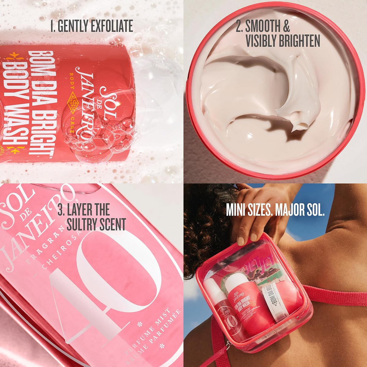 Body cream texture and mini Cheirosa 40 travel set with brightening step graphics