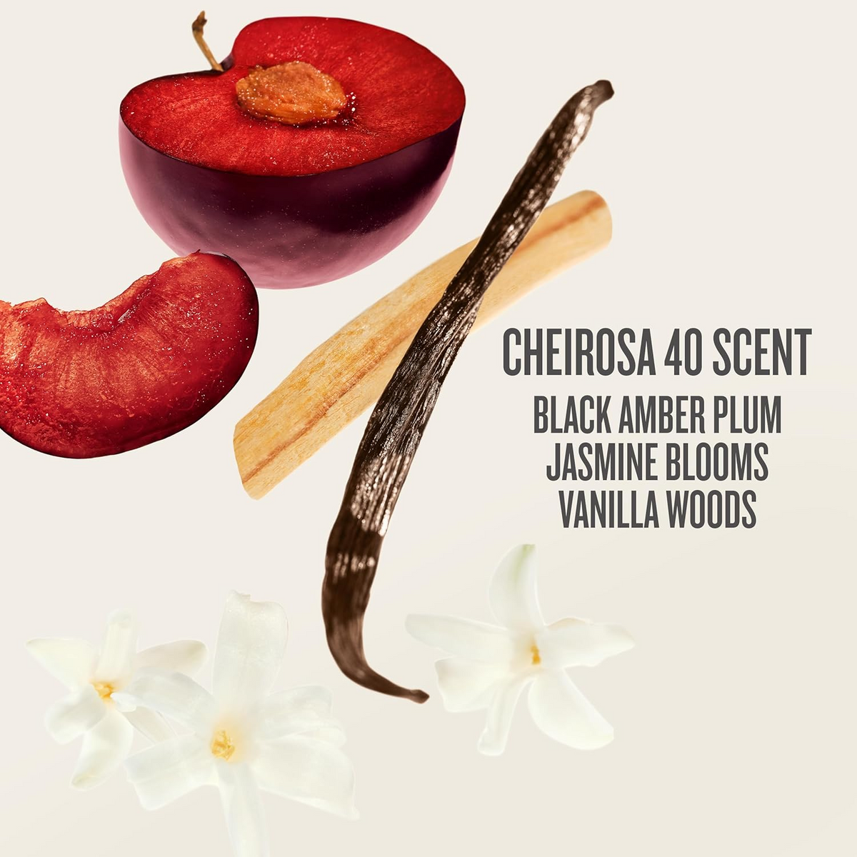 Cheirosa 40 scent note with vanilla pods, jasmine blooms, plum, and amber